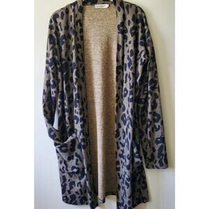 Tickled Teal Womens L Brown Leopard Stretch Open Front Cardigan Pockets Large
